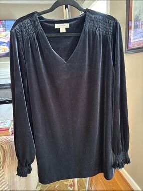 CJ Banks Navy Velvet V-Neck Long Sleeve Top